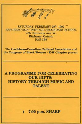 K-W Caribbean Canadian Cultural Association and the Congress of Black Women - K-W Chapter Program for &quot;History Through Music and Talent&quot; Event