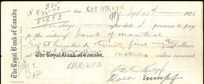 Promissory note signed by Depew D. and Rosa Kumpf, September 27, 1926