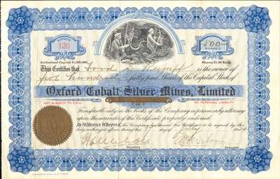 Oxford Cobalt Silver Mines, Limited stock certificate