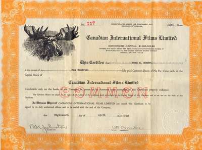 Canadian International Films Limited stock certificate