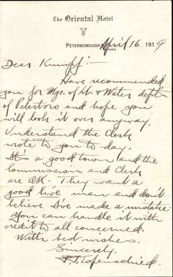 Letter to Ford S. Kumpf from F.J. Esfenschied, April 16, 1914