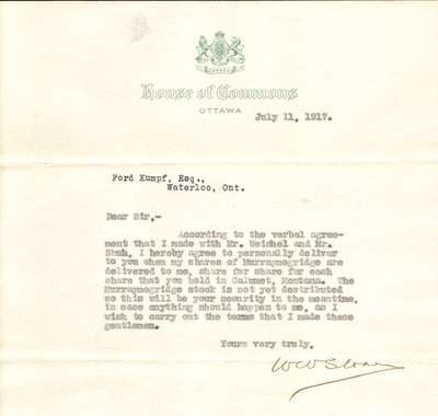 Letter to Ford S. Kumpf from W.W. Sloan, July 11, 1917