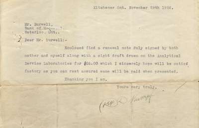 Letter to John L. Burwell, Manager of Bank of Montreal from Depew D. Kumpf, November 29, 1926