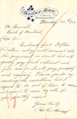 Letter to John L. Burwell, Manager of Bank of Montreal from Depew D. Kumpf, November 30, 1927