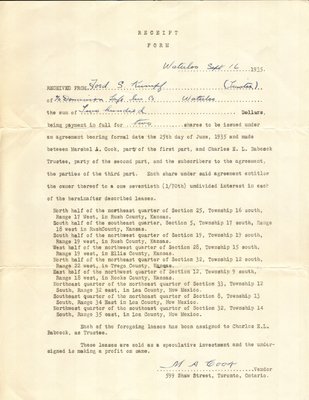 Receipt for Investment in speculative leases by Ford S. Kumpf, September 16, 1935