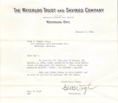 Letter to Ford S. Kumpf from George T. Vogt of the Waterloo Trust and Savings Company, January 3, 1941