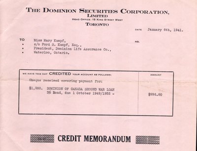 Receipt to Mary Kumpf from the Dominion Securities Corporation Limited, January 6, 1941