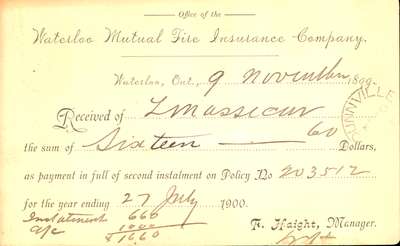 Waterloo Mutual Fire Insurance Company Receipt