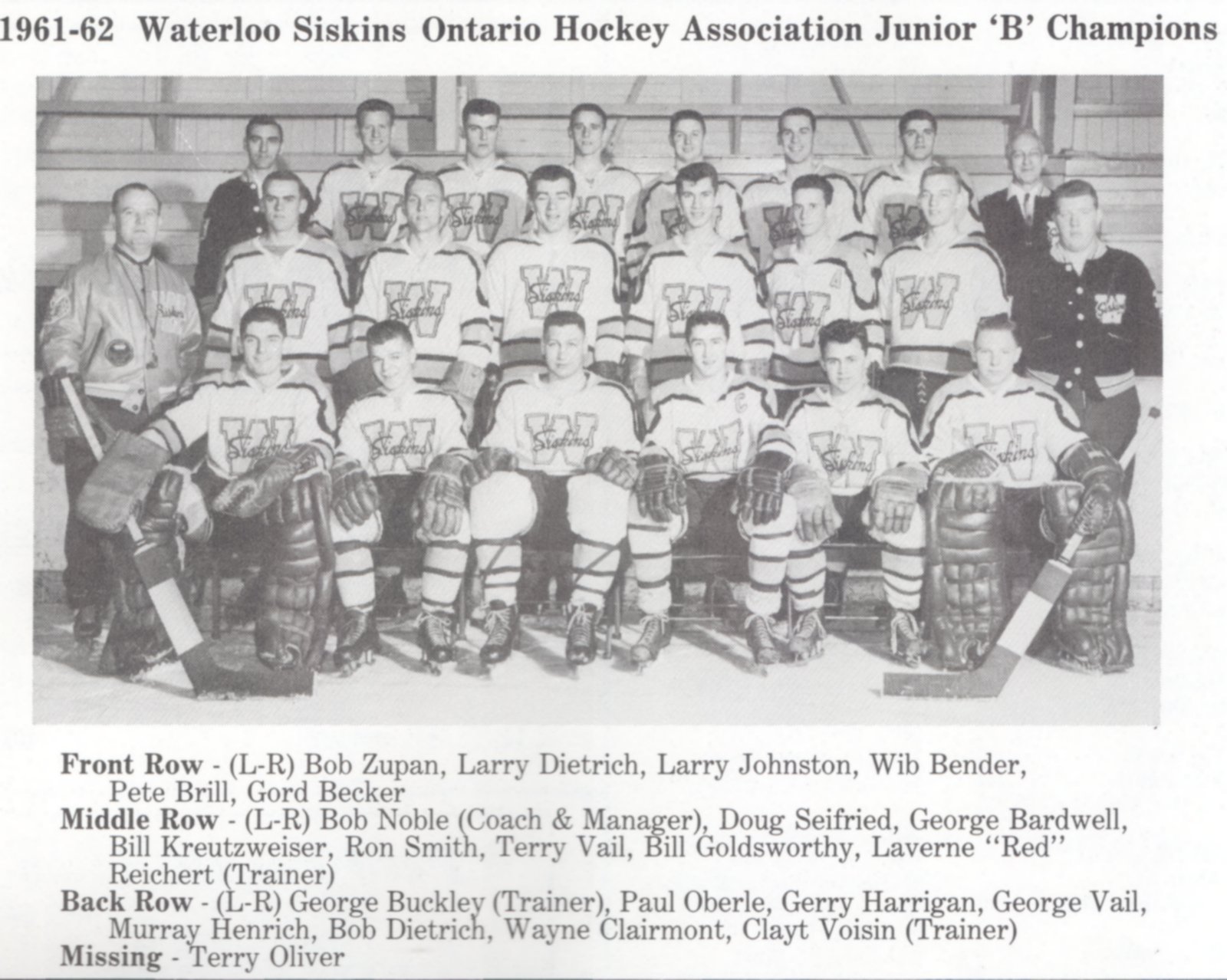 Siskins 1961 62 OHA Junior B Champions View Waterloo Junior B 