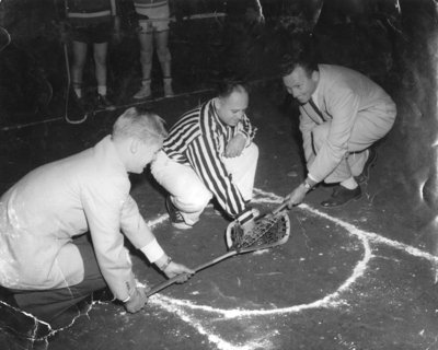 Bob Attersley and Bus Gagnon Lacrosse Face-Off, 1958