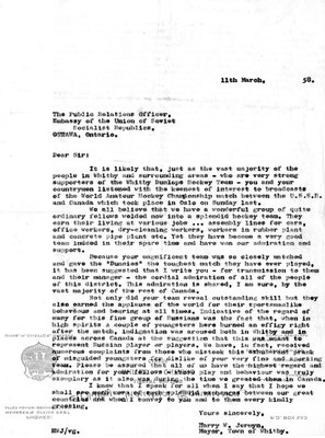 Letter from Mayor Harry Jermyn to the Embassy of the USSR, 1958