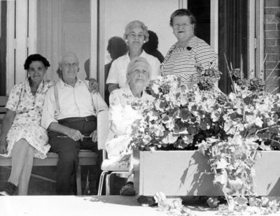 Fairview Lodge Residents on a bench, c. 1952