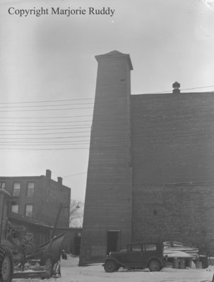 Bell towers behind old Whitby Town Hall, March 7, 1948