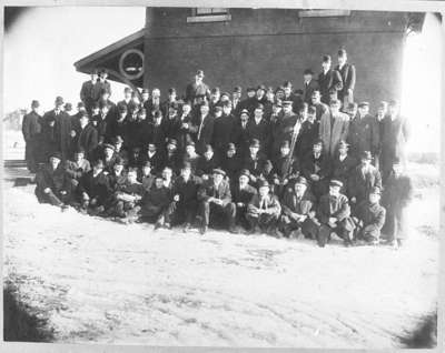 Group of Men in front of Port Whitby and Port Perry Railway Station