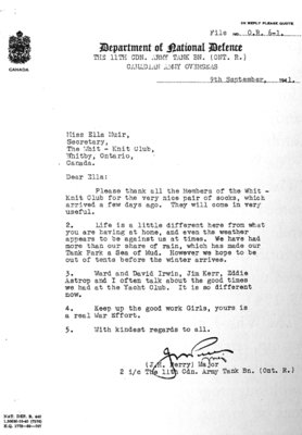 Letter from Major J.H. Perry to Ella Muir of the Whit-Knit Club. 1941