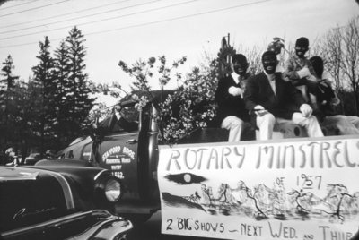 Rotary Minstrels in Blackface at Whitby Dunlops Victory Parade, 1957