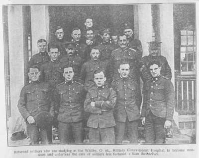 Several Unidentified Solders on the Steps of a Cottage at the Military Convalescent Hospital, 1917