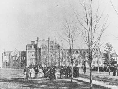 People gathered in front of Ontario Ladies' College, 1897