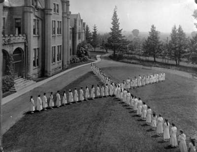 Practice for the May Court Festival at Ontario Ladies' College, 1919