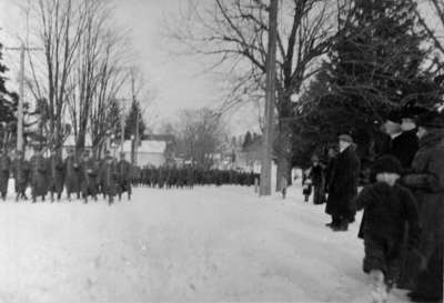 Soldiers of the 116th (Ontario County) Battalion marching west along Dundas Street, 1916