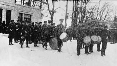 116th Battalion Band at flag raising ceremony, Armouries, 1916