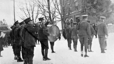 116th Battalion Band at flag raising ceremony, Armouries, 1916