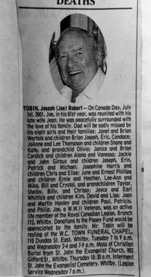 Photo of Newspaper Clipping of Death Notice for Joseph (Joe) Robert Tobin, 2001