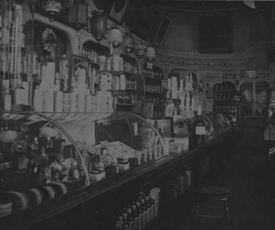 Interior of Allin's Drug Store, c.1900.