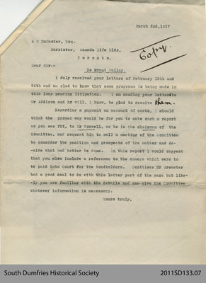 Letter Addressed to A. C. McMaster, Barrister, in Toronto