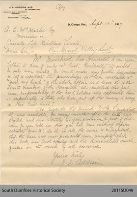 Letter of Dr. Addison Relating to the Grand Valley Railway