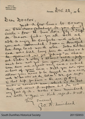 Letter from George Muirhead at Osgoode Hall to Dr. [Addison]