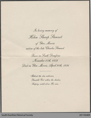 Funeral Card, Helen Sharp Stewart