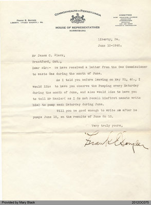 Letter to James Black from Frank Snyder