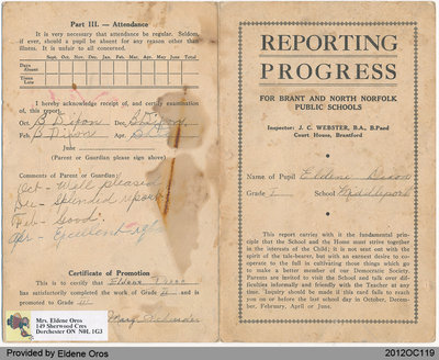 Reporting Progress Card of Eldene Dixon, Grade One and Two