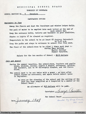 Caretakers Duties and Salaries of the Onondaga School Section No. 5