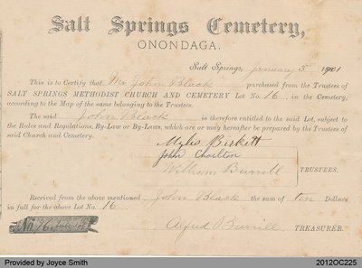 Salt Springs Church Cemetery Receipt