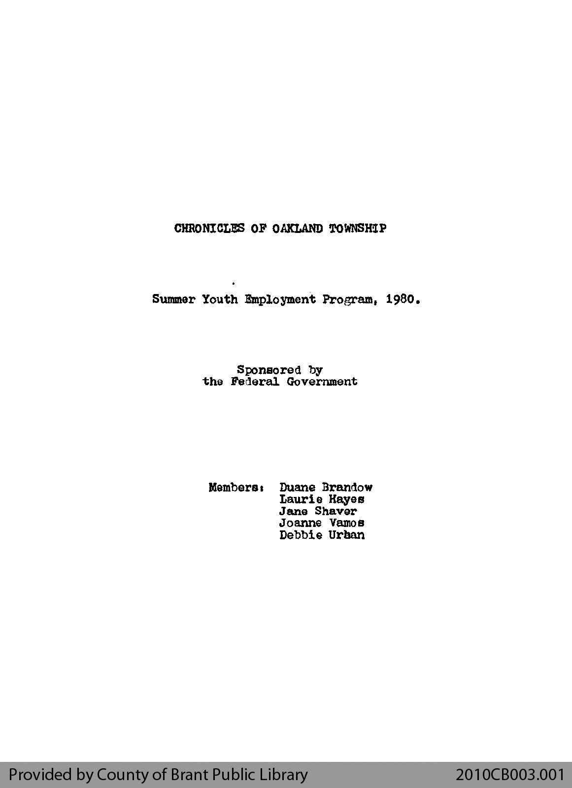 Chronicles of Oakland Township County of Brant Public Library Digital