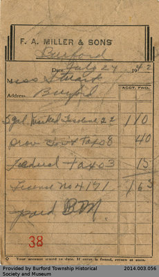 Receipt From F.A. Miller & Sons