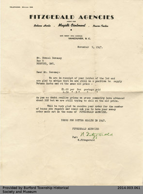 Letter From Fitzgerald Agencies to Samuel Deveney