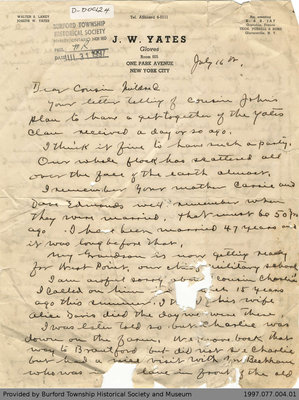 Letter from Joseph Yates to Mildred Deveney