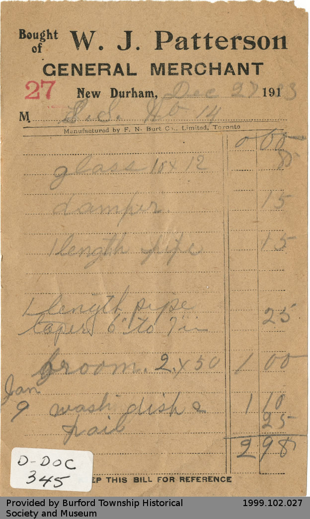 Full Image View Receipt Issued by W.J. Patterson General Store for New