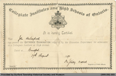 Entrance Examination Certificate for John Aulseybrook