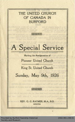 1926 Burford United Church Amalgamation Service Programme