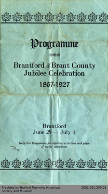 Programme for the 1927 Brantford and Brant County Jubilee Celebration