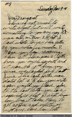 Letter, John &quot;Jack&quot; Chapple Tate to Margaret Tate, 9 November 1941