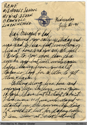 Letter, John &quot;Jack&quot; Chapple Tate to Margaret Tate, 20 July 1941