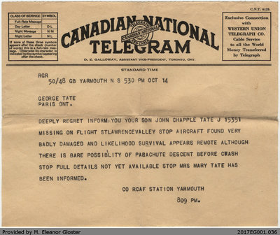 Telegrams Re John &quot;Jack&quot; Chapple Tate, October 1942