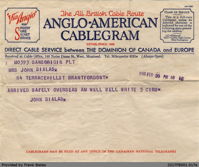 Cablegram, John Bialas to Katherine Bialas, 20 February 1943