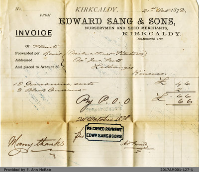 Invoice to James Pate from Edward Sang and Sons Nurserymen and Seed Merchants, October 25 1876