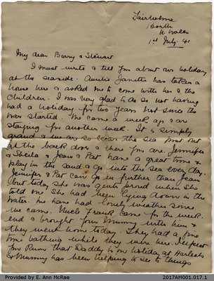 Letter, Maggie Wilson to Barry and Stewart Jones, 1 July 1941